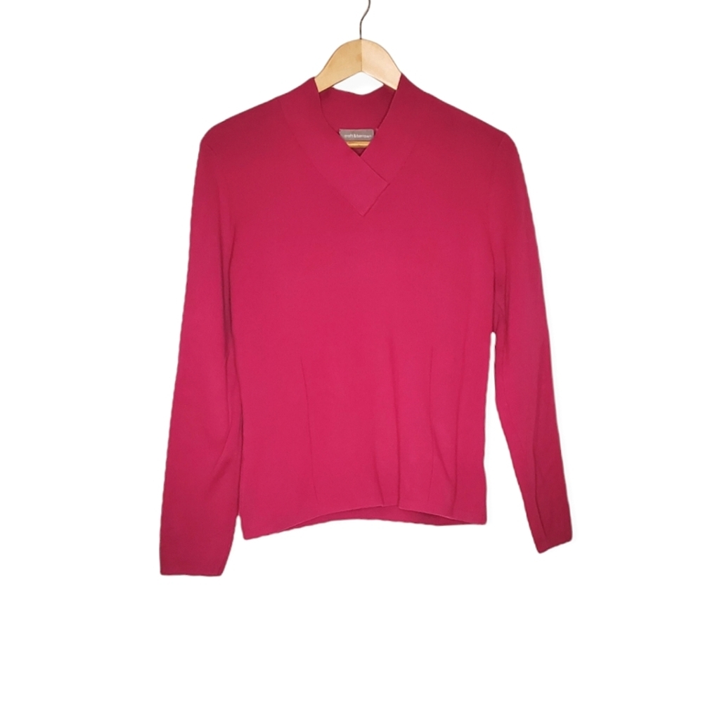 Raspberry Pink Long Sleeve Flat Knit Simple V-Neck Sweater
